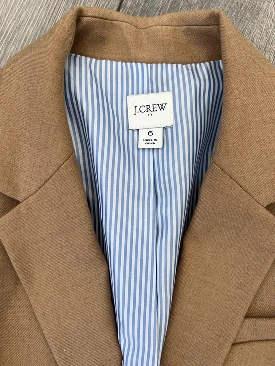 J. Crew Tan Wool-Blend Tailored Blazer with Gold Buttons Blue Striped Lining 6 - Picture 5 of 9